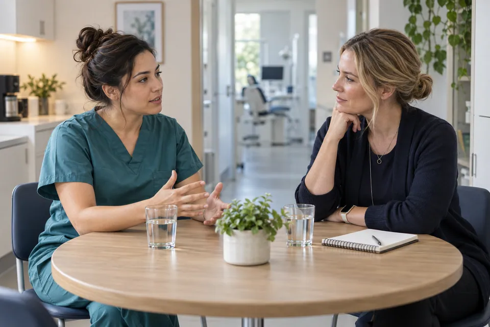 A dentist and practice leader discussing feedback together in a dental office.