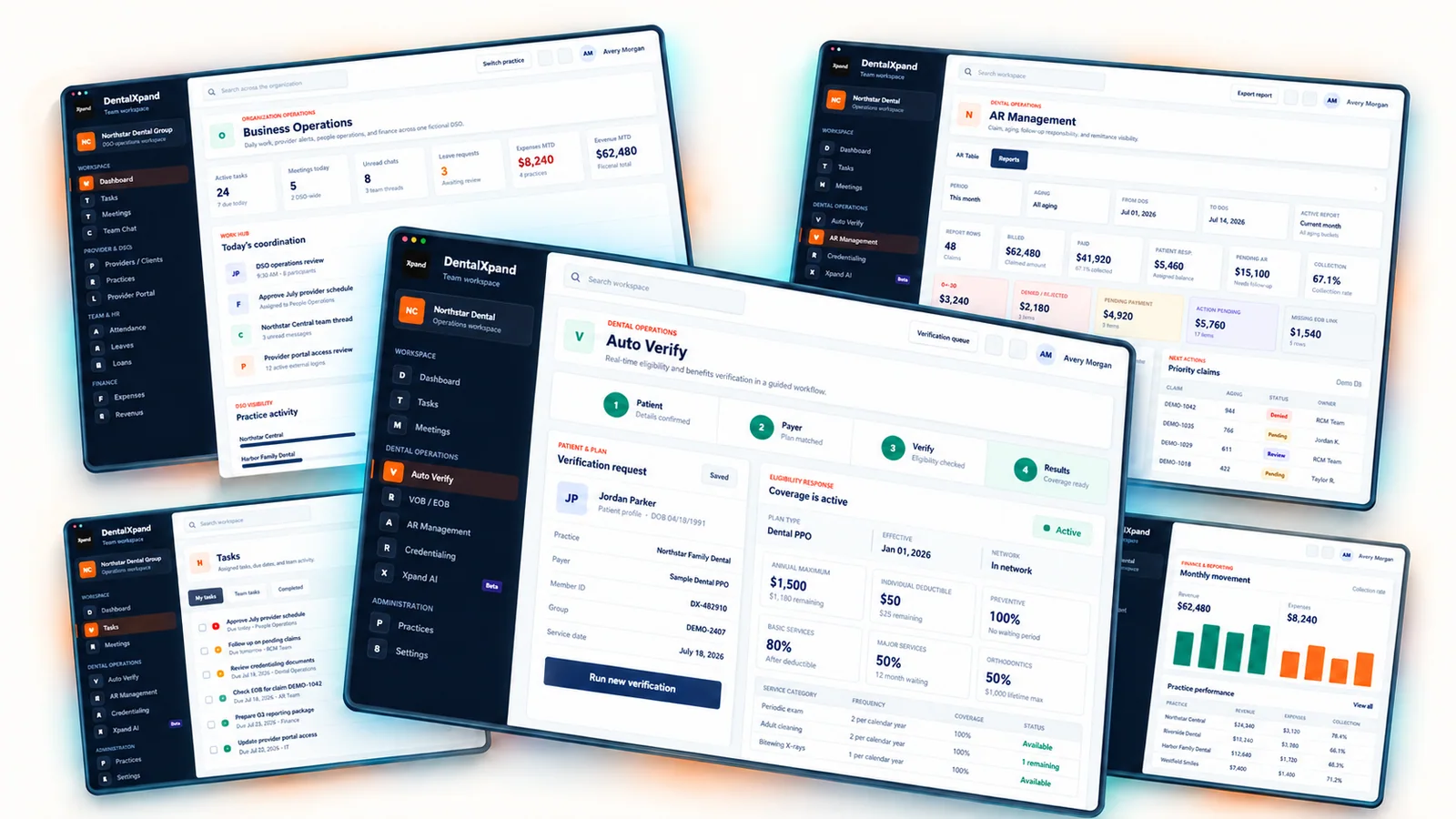 DentalXpand product collage showing Auto Verify benefits, AR Management reports and business operations workspaces.