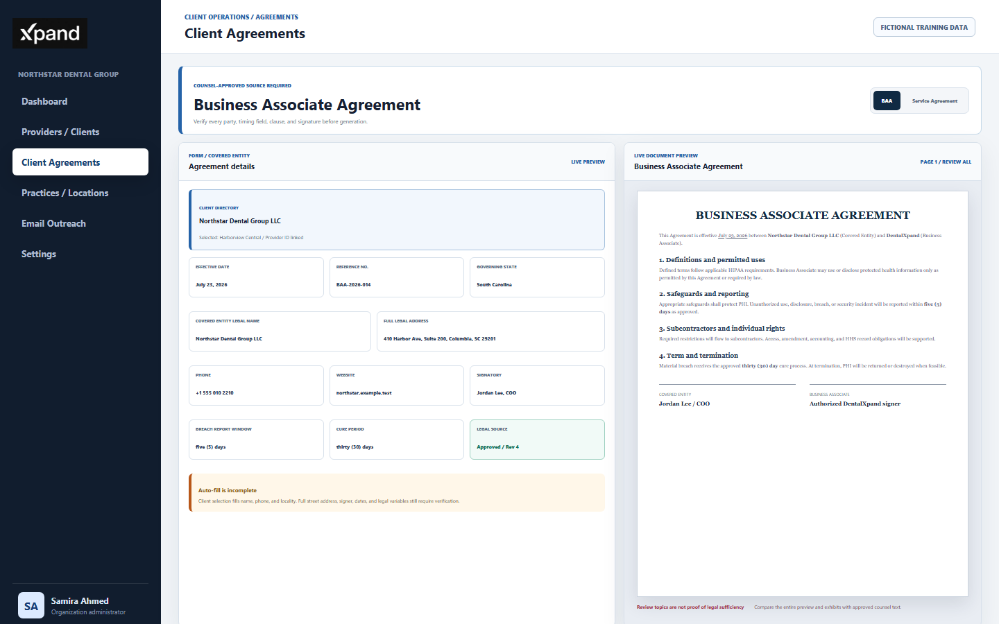 DentalXpand Business Associate Agreement form and live preview showing verified covered entity identity, effective date, reference, reporting window, cure period, governing state, and approved-clause review
