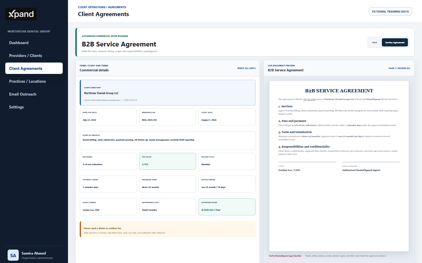 DentalXpand B2B Service Agreement form and live preview showing client identity, dental billing scope, fee model and value, billing cycle, payment terms, start date, minimum term, notice period, and governing law
