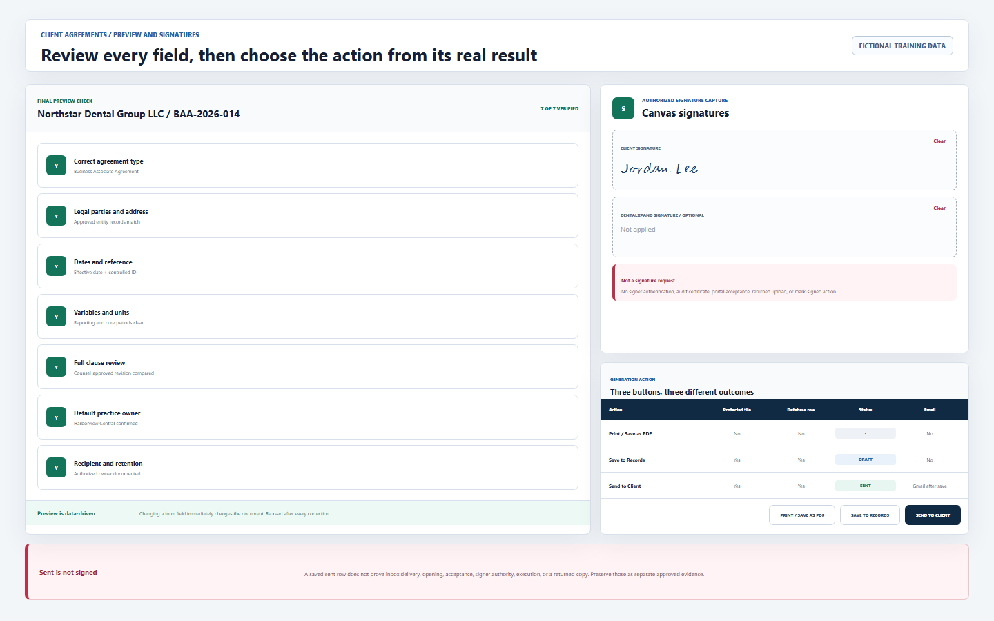 DentalXpand review and signature workspace showing live preview checklist, client and optional DentalXpand signature pads, clear controls, and a comparison of Print, Save, and Send actions