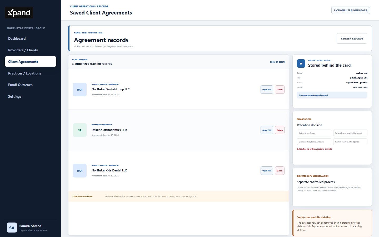 DentalXpand saved client agreements list showing newest-first BAA and service agreement records, Open PDF and Delete actions, protected metadata, status limitations, retention decision, and executed-copy reconciliation