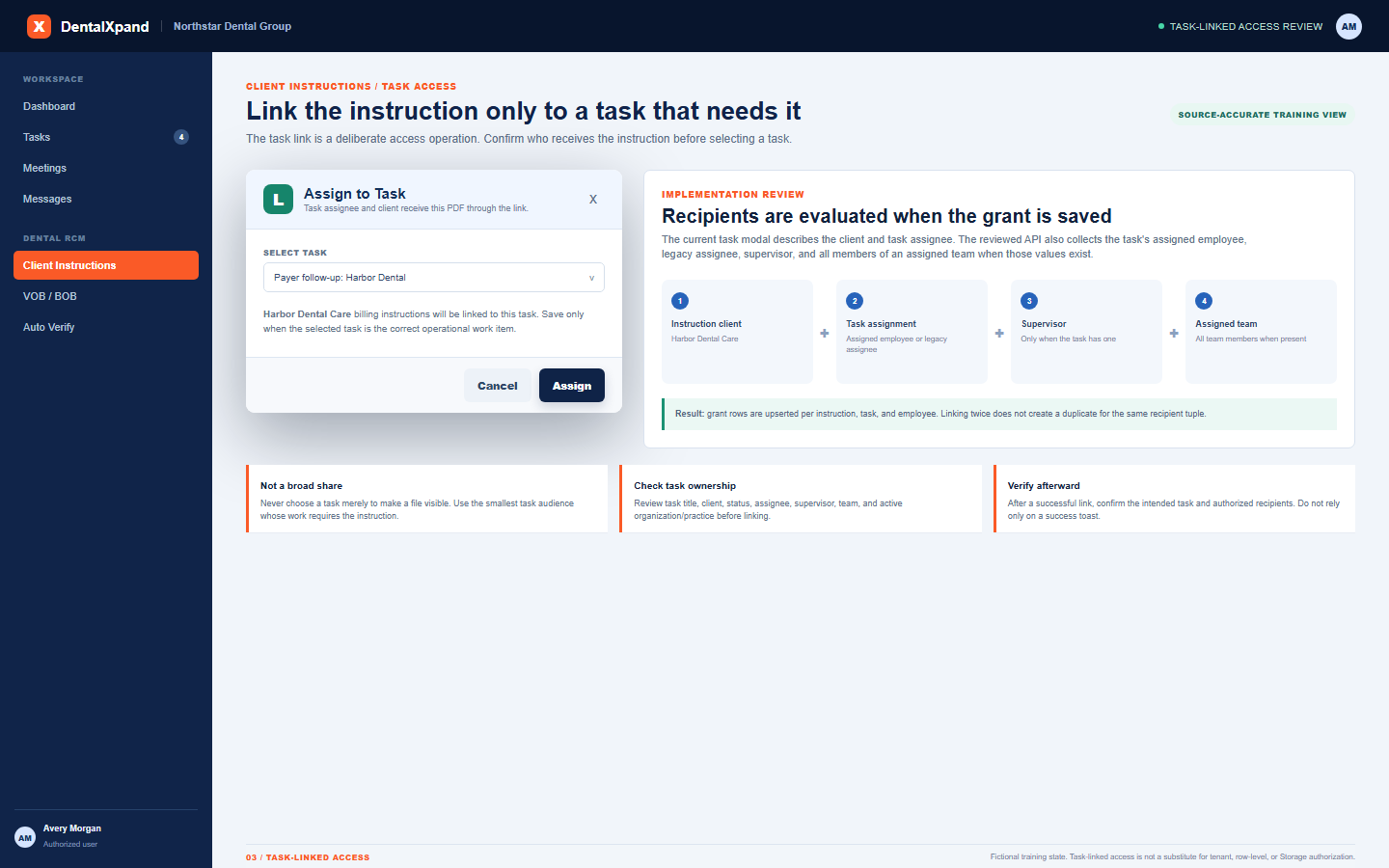 Fictional DentalXpand Assign to Task modal next to an instructional recipient map for client task assignee supervisor and team members