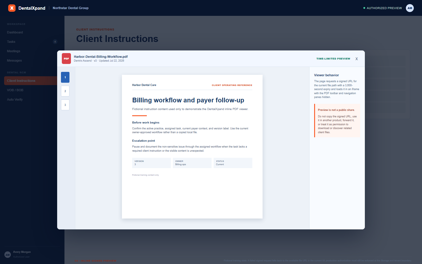 Fictional DentalXpand inline PDF preview for a client billing workflow showing current software version update date time-limited preview guidance and a non-sharing warning