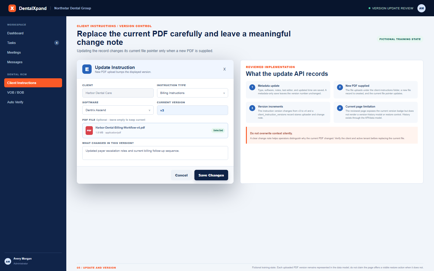 Fictional DentalXpand Update Instruction modal with disabled client selector current version selected replacement PDF change note and source-accurate version behavior explanation