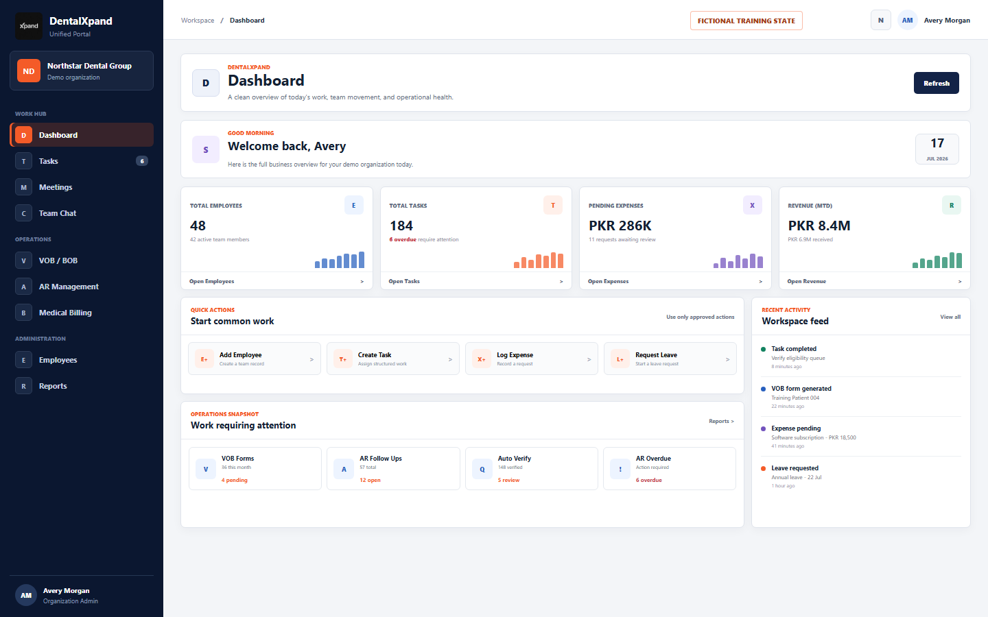 Fictional DentalXpand administrator Dashboard with organization context, welcome banner, summary cards, quick actions, operations snapshot, and recent activity