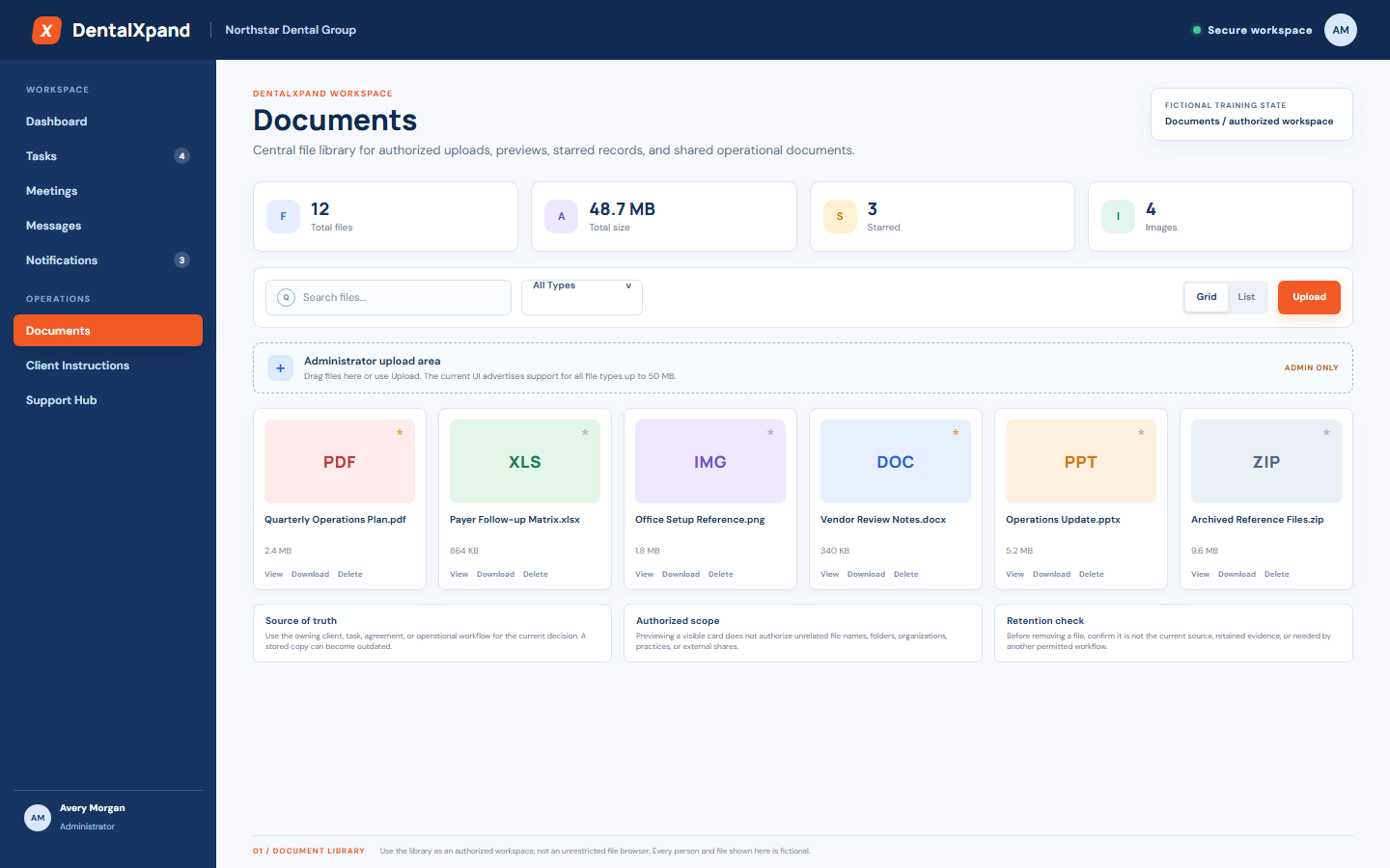Fictional DentalXpand Documents library showing file totals, type and search controls, grid cards, administrator upload zone, document type icons, and operational file safeguards