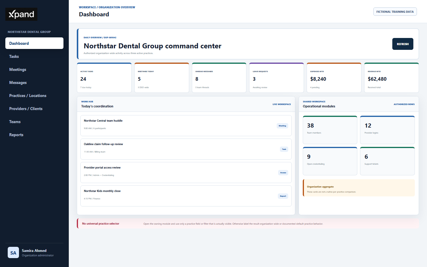DentalXpand DSO Dashboard showing organization identity, aggregate tasks, meetings, unread messages, leave requests, expenses, revenue, shared workspace modules, and a warning that totals are not a native practice comparison
