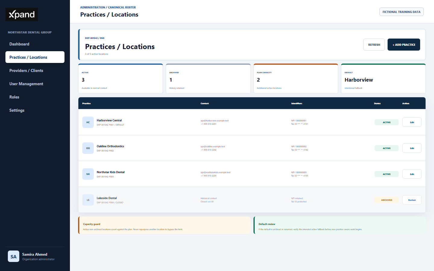 DentalXpand Practices and Locations page showing organization code, active location count, plan capacity, default practice, active and archived records, canonical codes, NPI, tax ID, and an add practice readiness panel