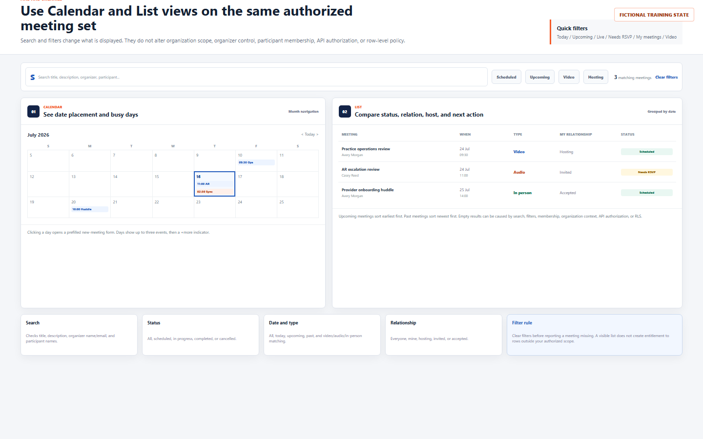 Fictional DentalXpand Meetings Calendar and List views showing filters, dates, types, organizer relationship, statuses, and matching meeting rows