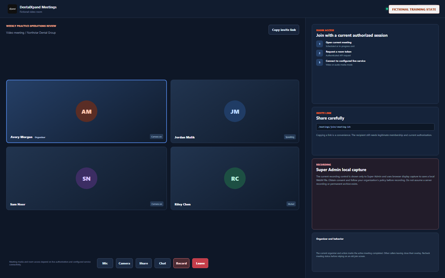 Fictional DentalXpand live video meeting showing participant tiles, copy invite link, meeting controls, room token flow, recording disclosure, and organizer end behavior