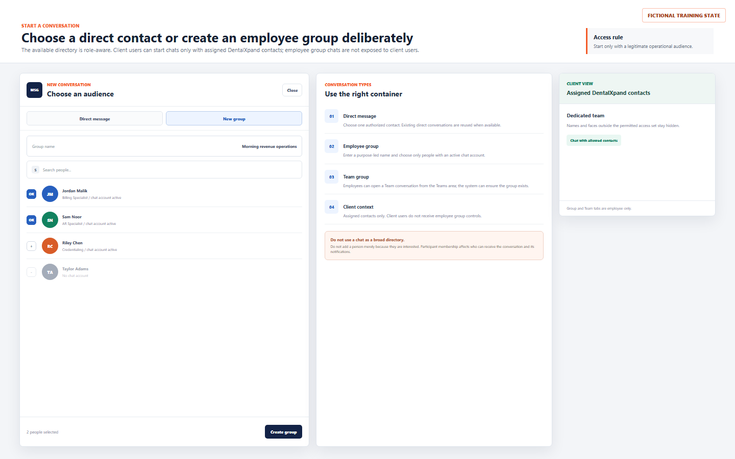 Fictional DentalXpand new conversation workflow with direct and group modes, group name, active chat-account contacts, employee Team group explanation, and client scope card