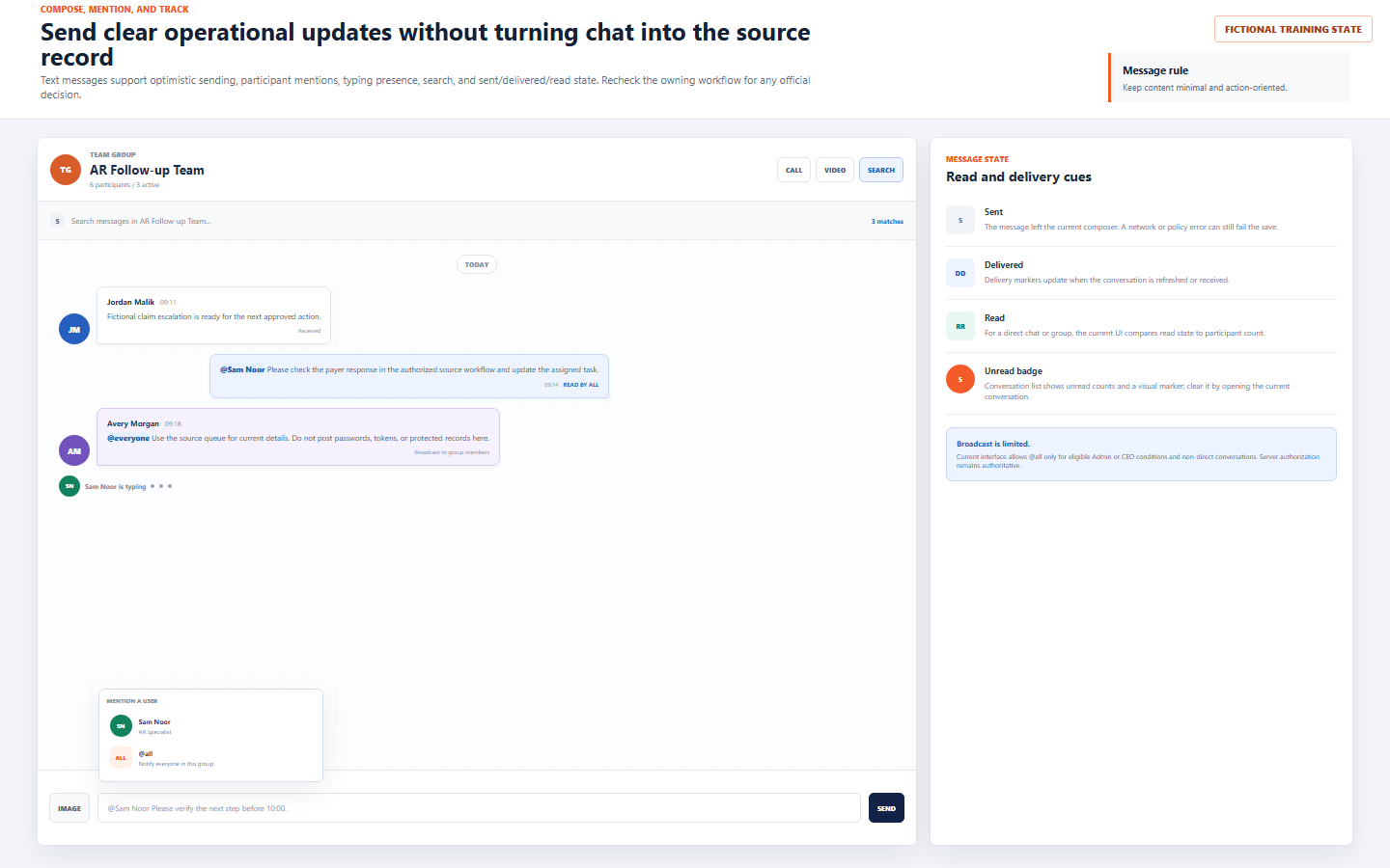 Fictional DentalXpand team conversation showing message search, user mention menu, eligible group broadcast example, typing state, sent delivered read and unread status explanation