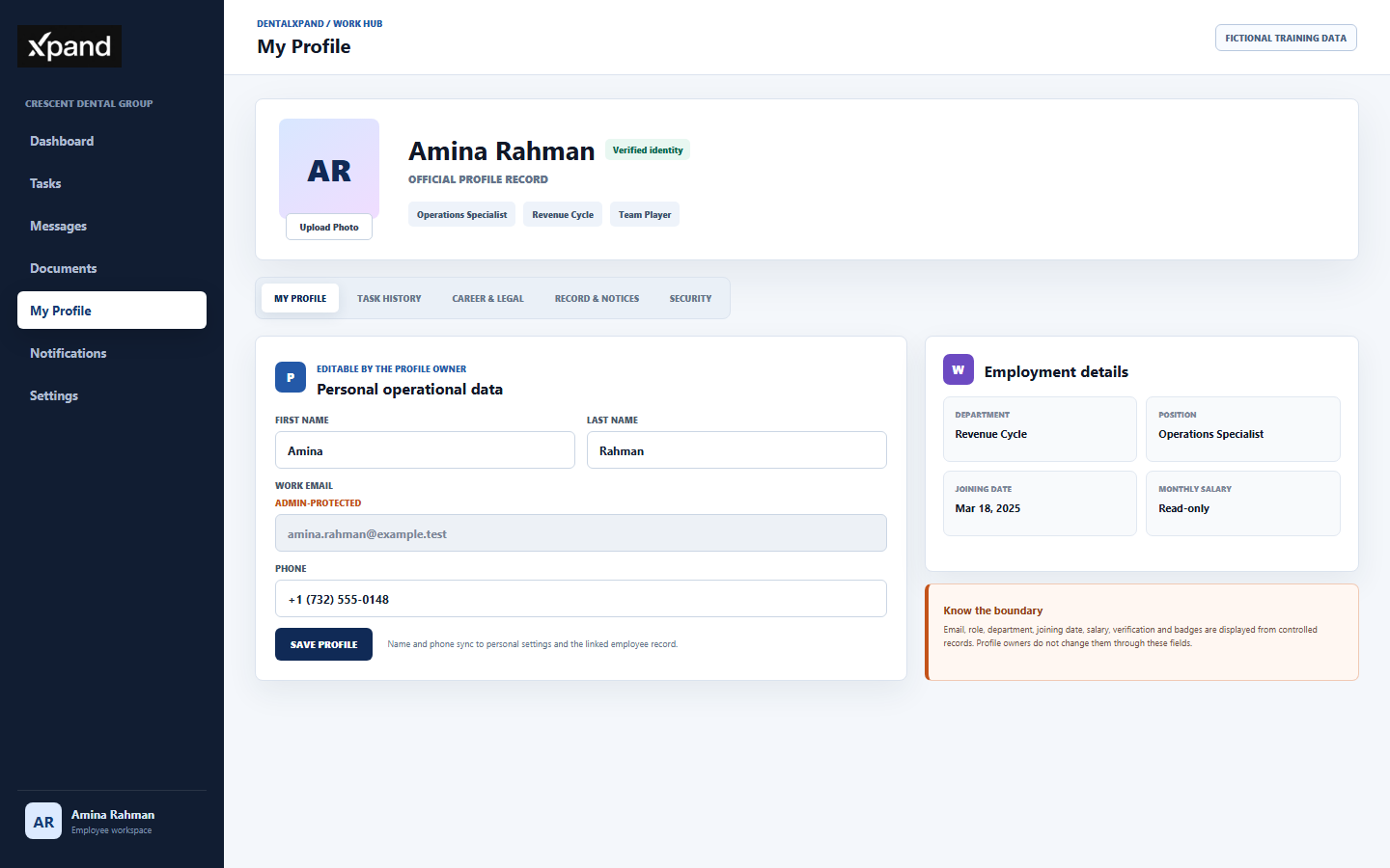 Fictional DentalXpand My Profile screen showing identity summary, editable first name last name and phone, locked work email, employment details, profile tabs, and protected-field boundary