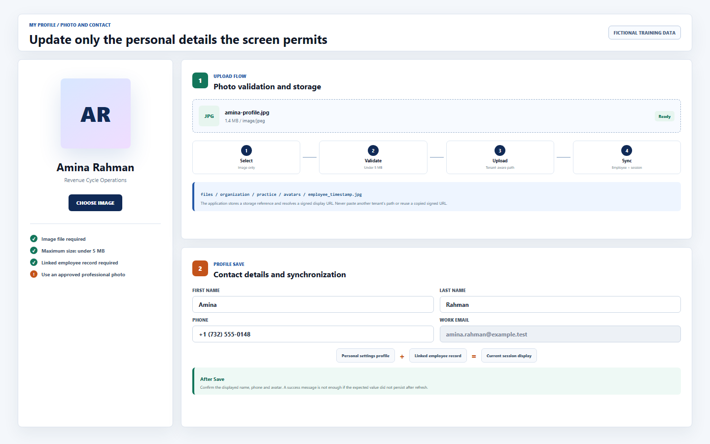 Fictional DentalXpand profile photo and contact workflow showing image validation under five megabytes, linked employee requirement, tenant-aware storage path, settings and employee synchronization, and refresh verification
