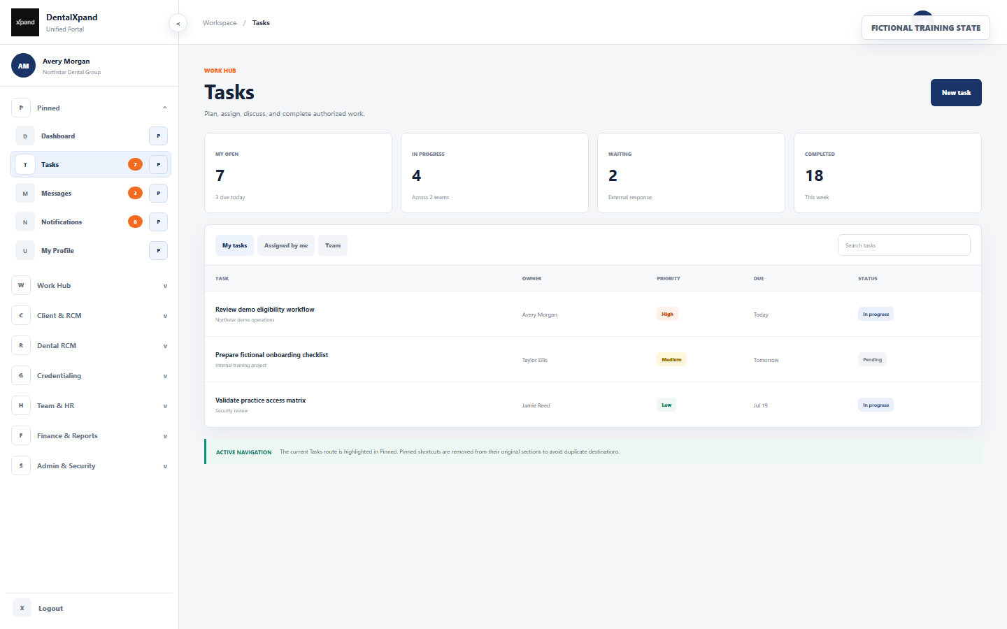 Fictional expanded DentalXpand sidebar with user identity, organization, Pinned shortcuts, sections, active Tasks destination, and task badges