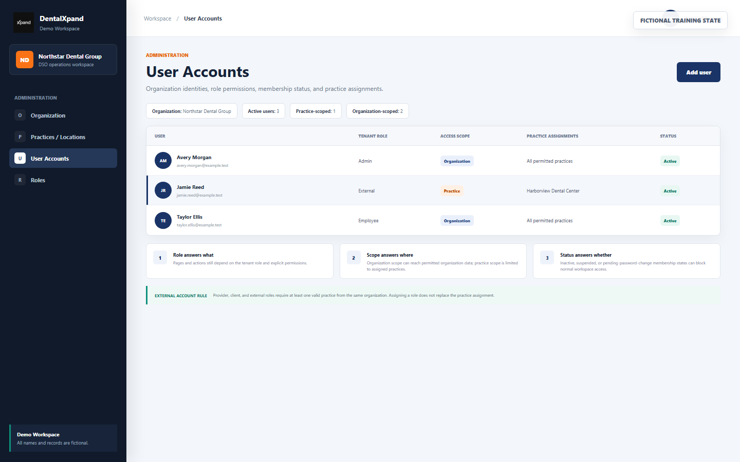 Fictional DentalXpand User Accounts view comparing organization and practice access scopes