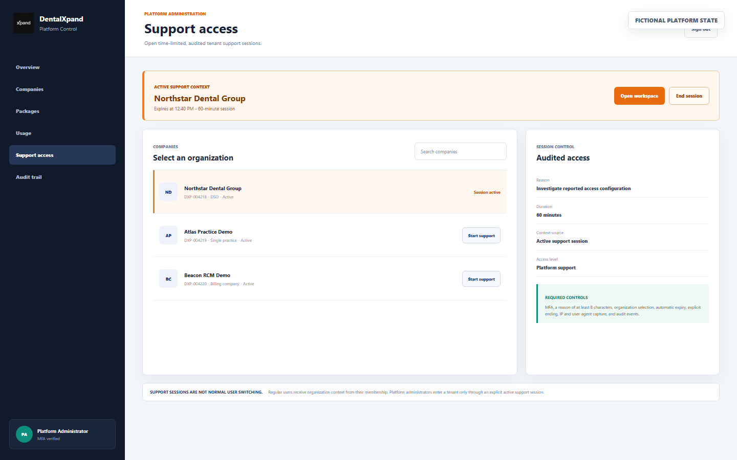 Fictional DentalXpand Platform Administration view with an active audited support session