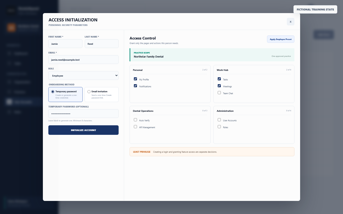 Fictional DentalXpand administrator account onboarding and access control screen