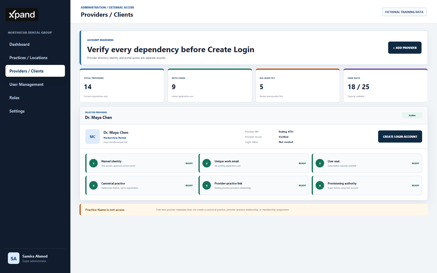 DentalXpand Providers and Clients directory showing provider record, email, login readiness, user seat, canonical practice relationship, assigned practice, and account provisioning checks