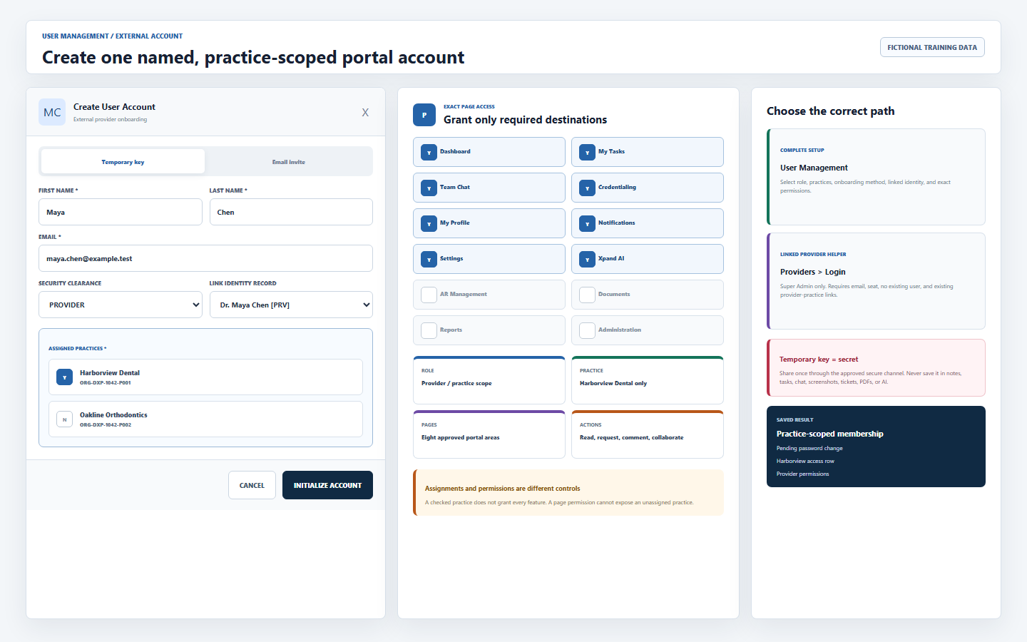 DentalXpand User Management external account form showing provider role, assigned practices, temporary key or email invite, exact page permissions, provider record linkage, and saved practice scope