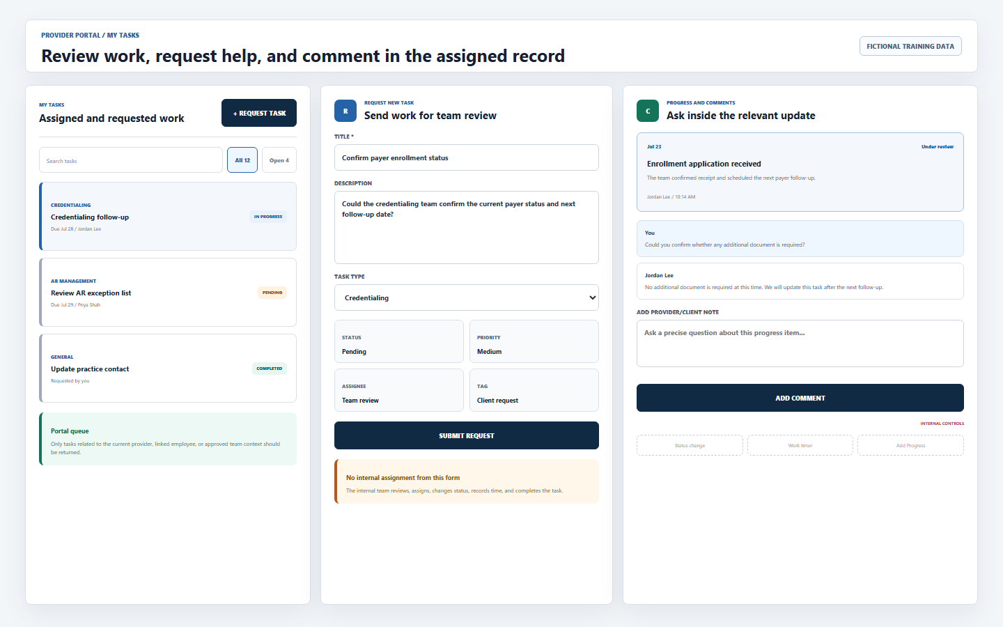 DentalXpand provider My Tasks workspace showing assigned task list, request task form, pending medium unassigned request behavior, progress timeline, provider comments, and restricted internal status timer and progress controls