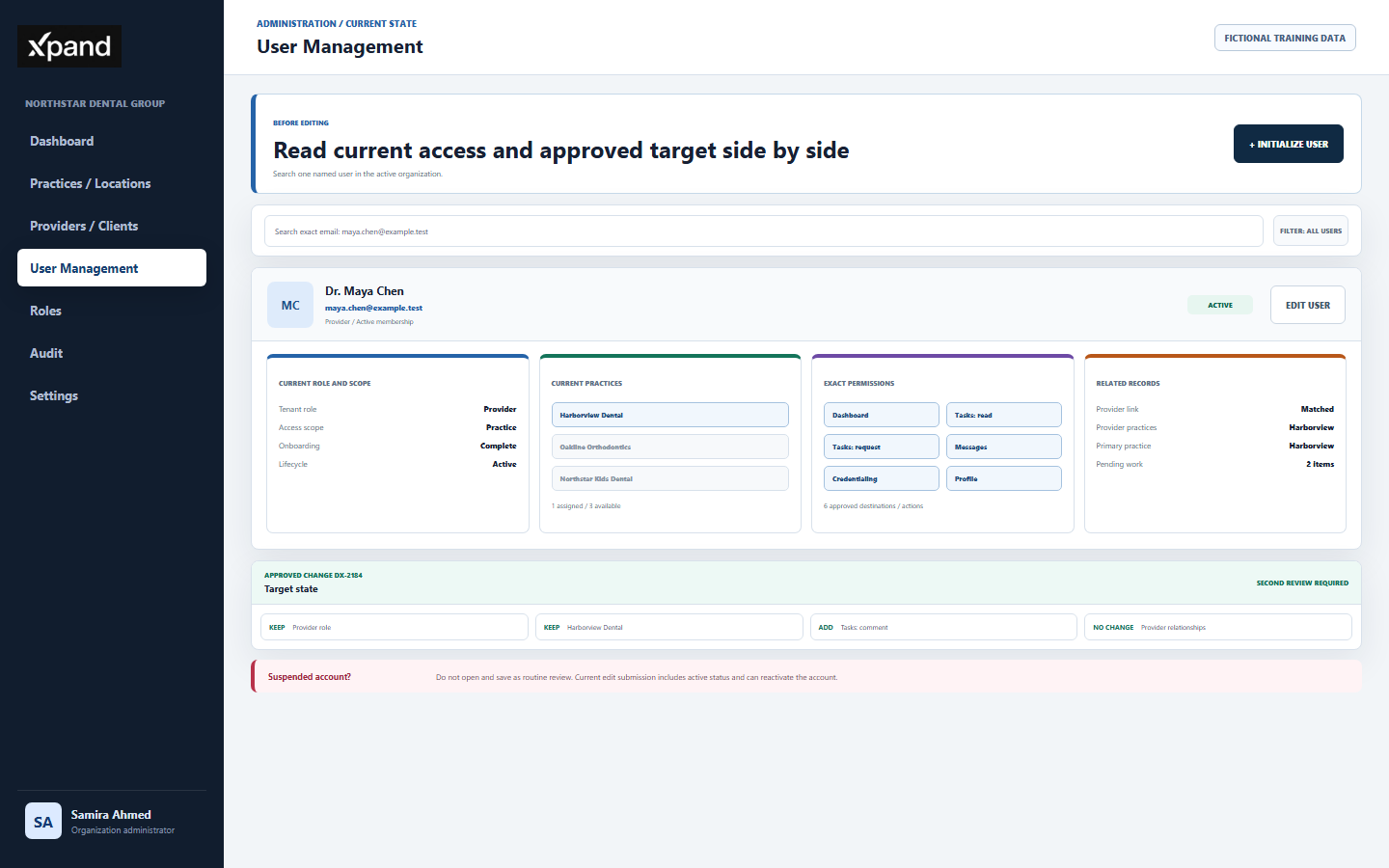 DentalXpand User Management current-access review showing external user identity, active membership, Provider role, practice IDs, linked provider record, exact permissions, and approved target state