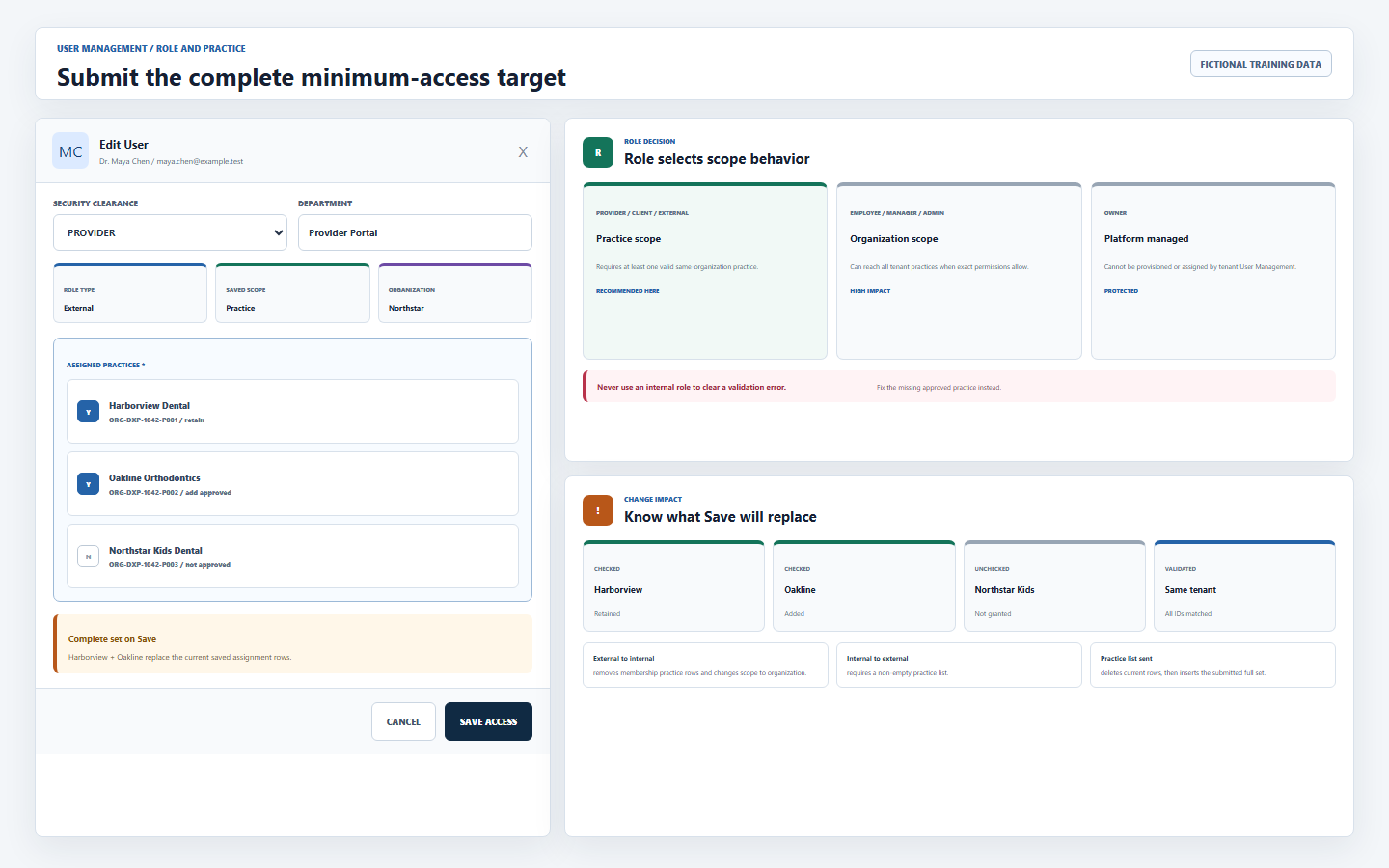 DentalXpand role and practice scope editor showing Provider practice scope, Harborview and Oakline checkboxes, organization-scope warning, full-set replacement note, and same-tenant validation
