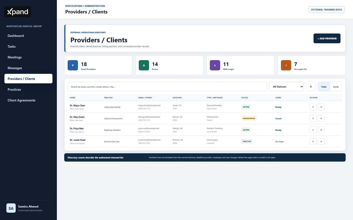Fictional DentalXpand Providers and Clients directory showing navigation, summary cards, search, status filter, table and card controls, provider rows, login readiness, and action controls