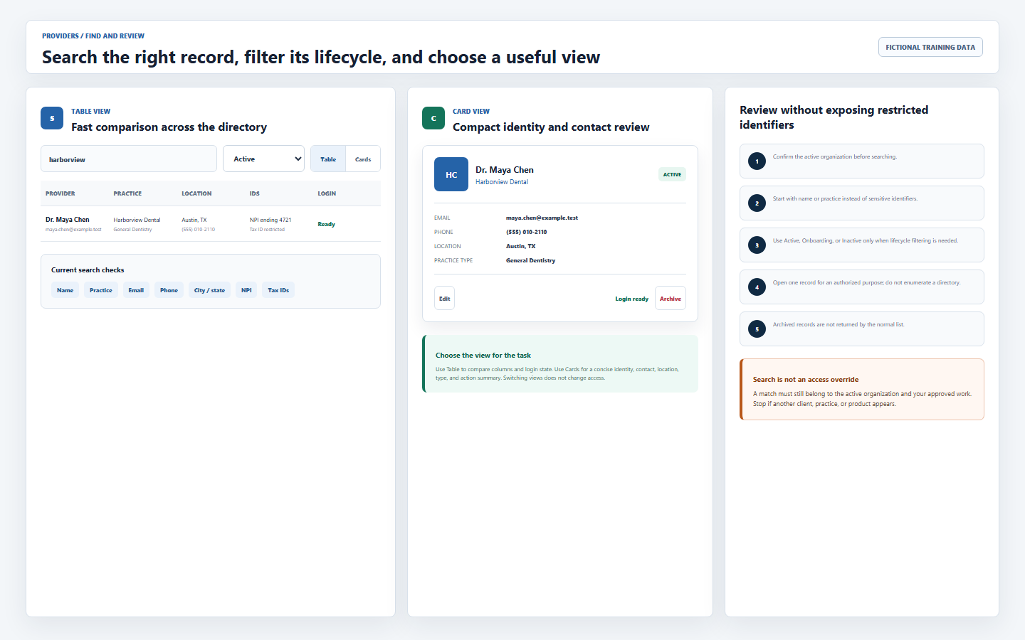 Fictional DentalXpand provider directory training view showing table search, active status filter, matched provider fields, card view, review guidance, and search access boundary