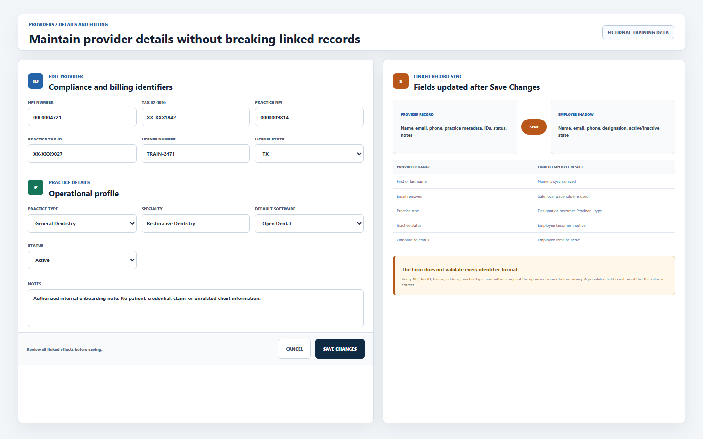 Fictional DentalXpand Edit Provider training view showing compliance identifiers, practice details, notes, provider-to-employee synchronization, and identifier verification warning