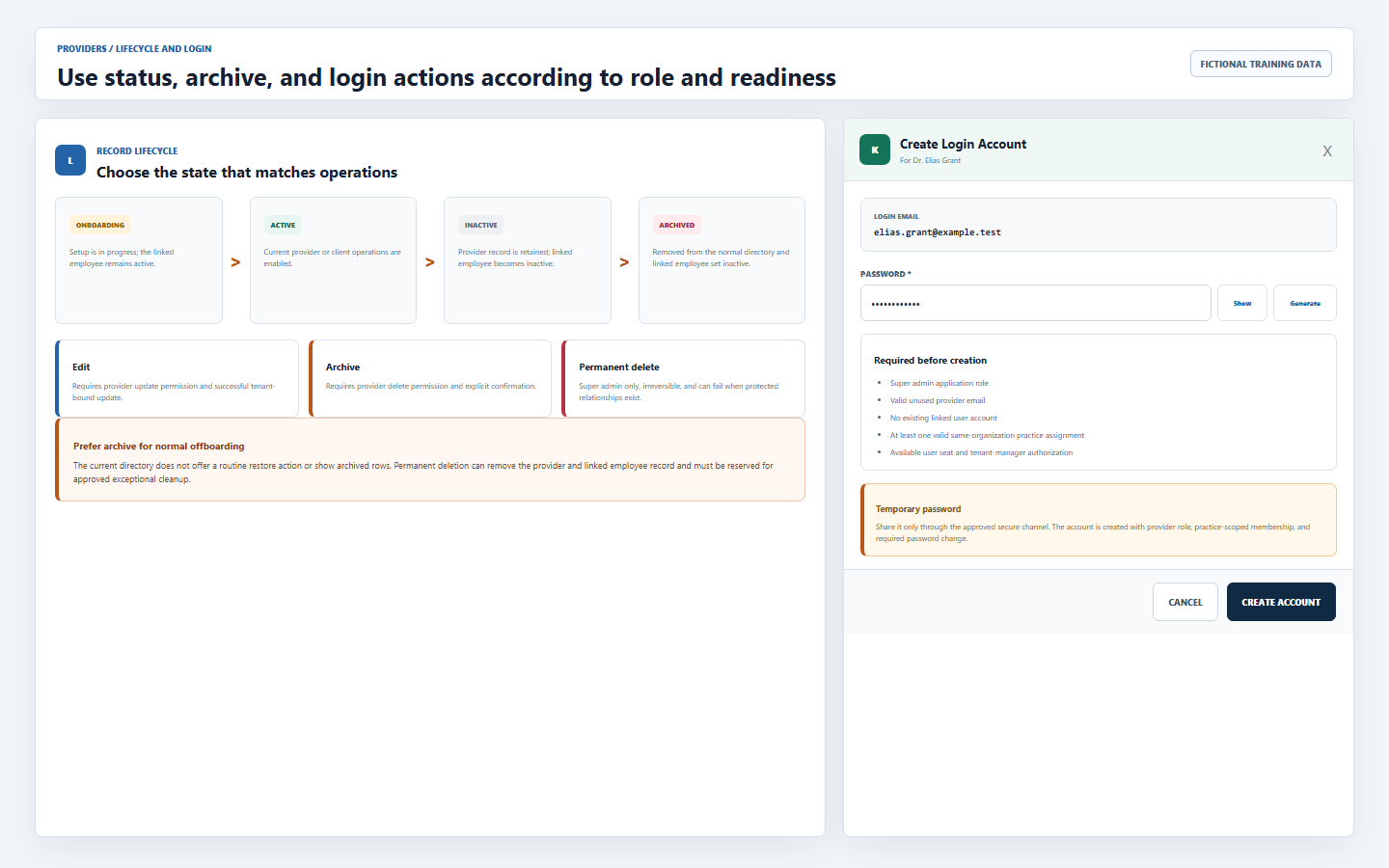 Fictional DentalXpand provider lifecycle and login training view showing onboarding, active, inactive, archived, edit, archive, permanent delete, login prerequisites, and temporary password handling