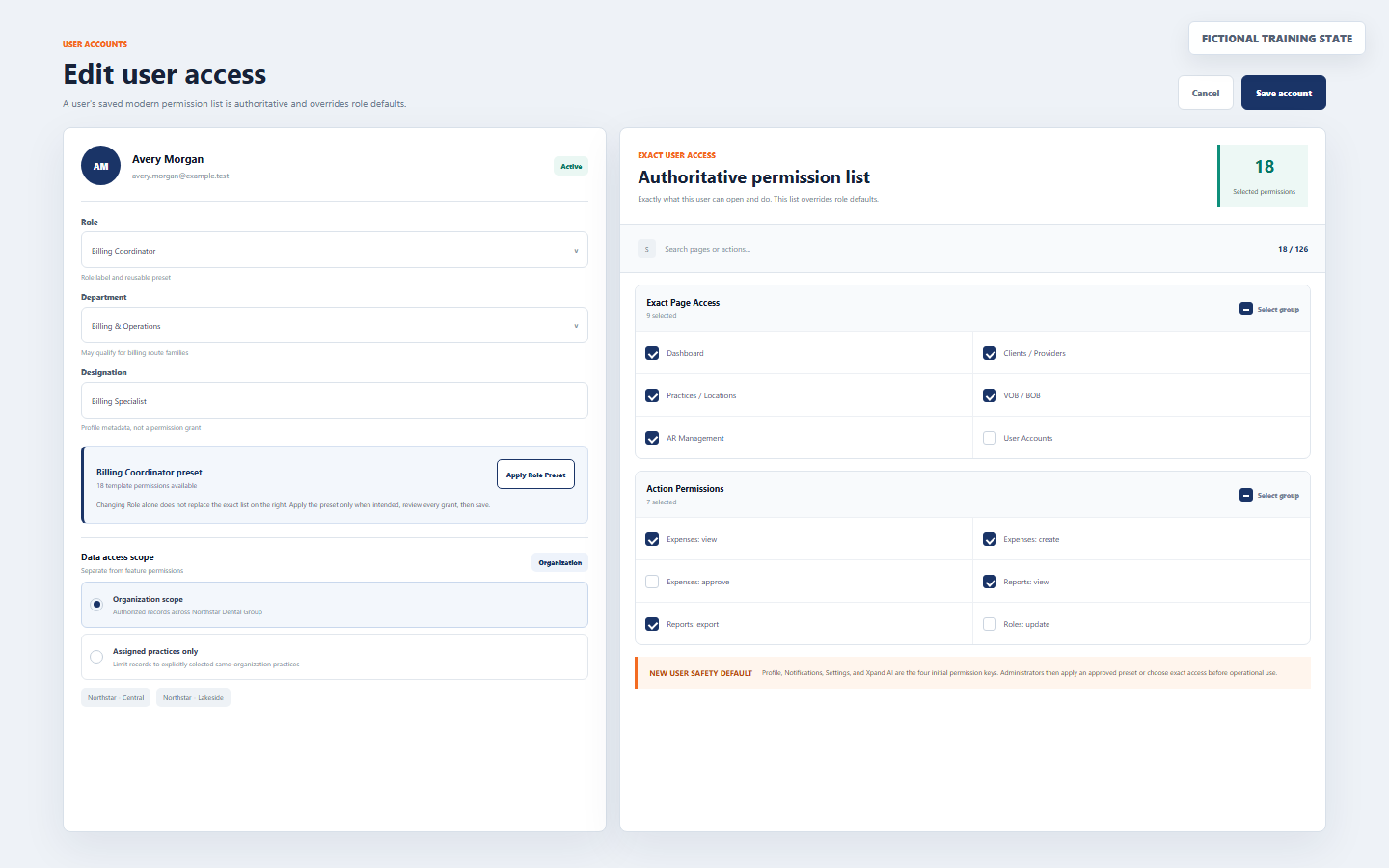 Fictional DentalXpand User Account editor showing role, department, designation, Apply Role Preset, organization and practice scope, and authoritative exact permissions