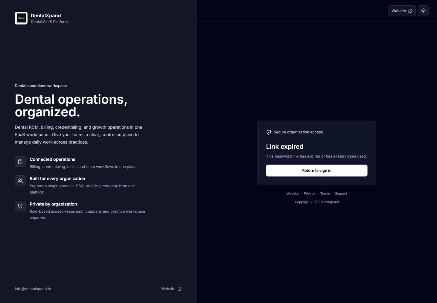 DentalXpand expired password setup link screen