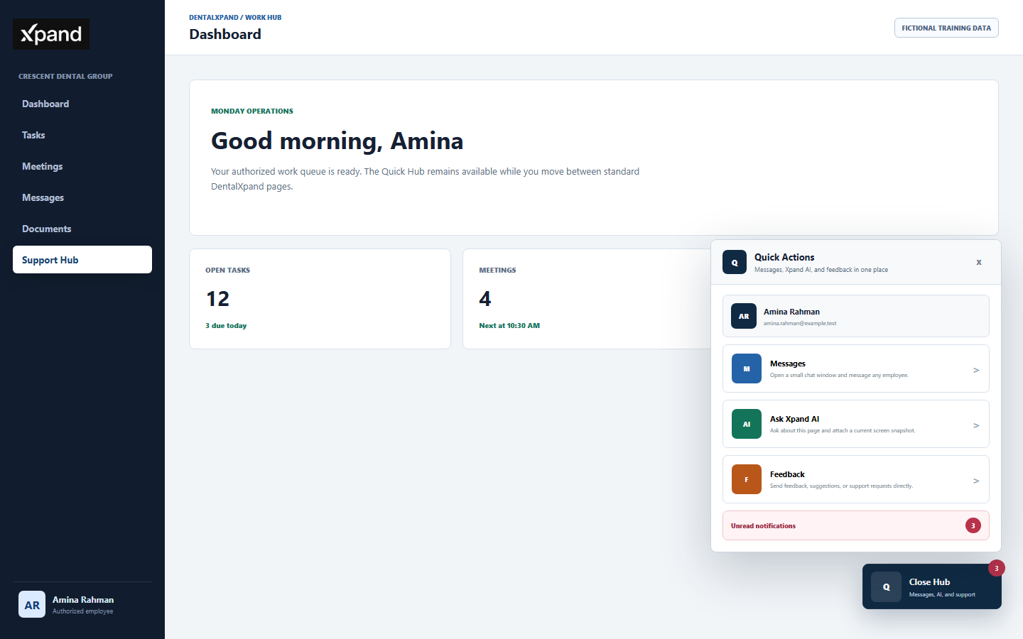 Fictional DentalXpand workspace showing the persistent Quick Hub launcher, operator identity, Messages, Ask Xpand AI, Feedback, and unread notification actions