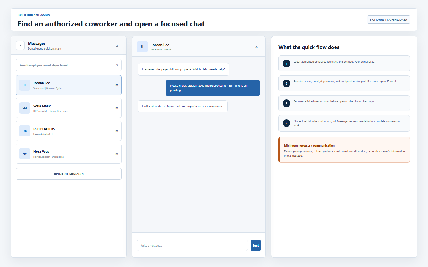 Fictional DentalXpand Quick Hub Messages panel showing employee search, authorized results, global chat popup, full Messages link, and minimum-necessary communication guidance