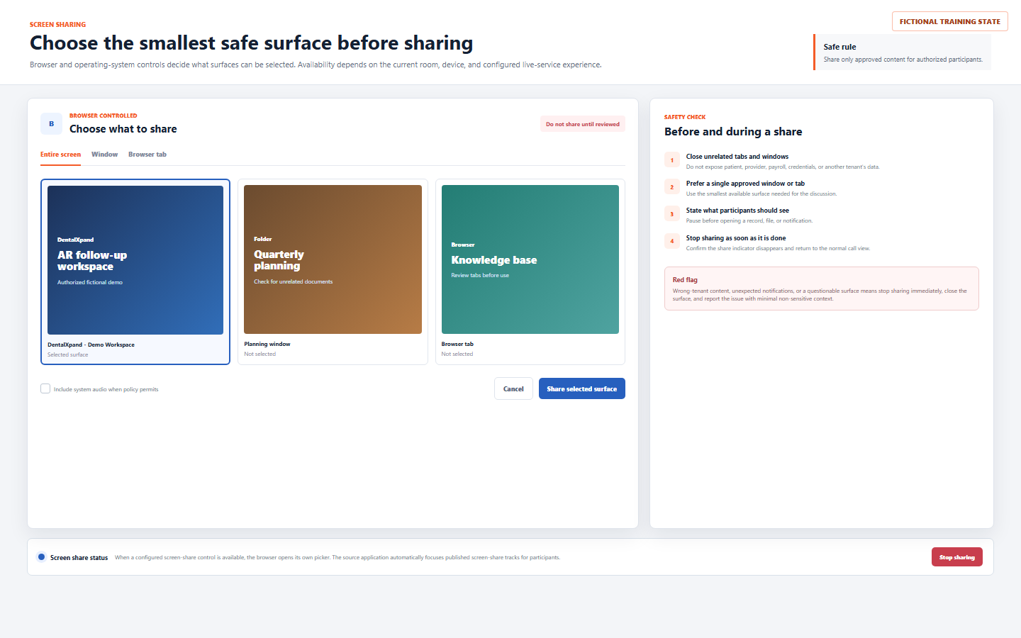 Fictional browser screen-share picker showing an approved DentalXpand demo workspace, a safety checklist, warning state, and stop sharing control