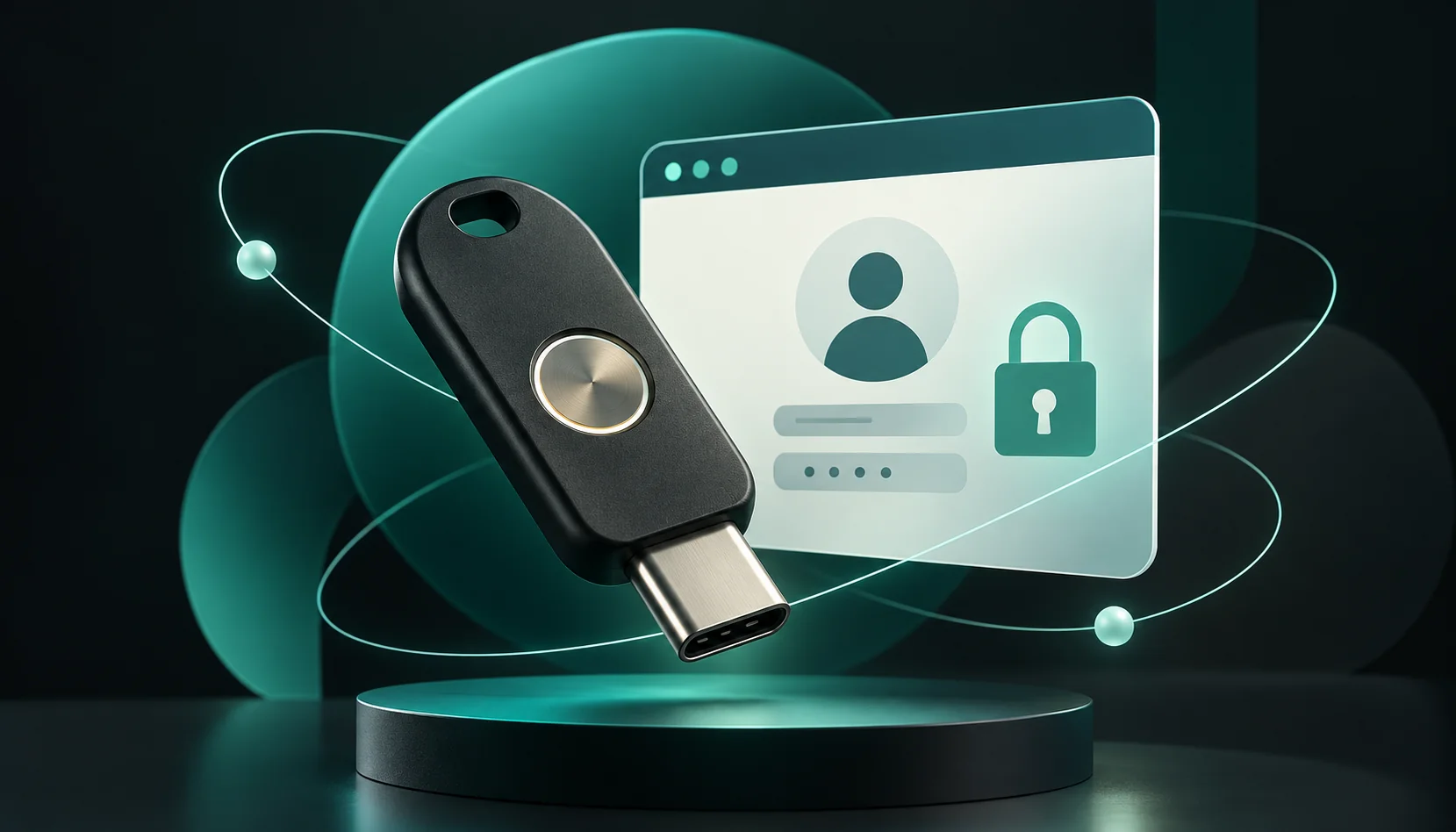 Unbranded USB-C hardware security key in front of an illustrated account sign-in window.
